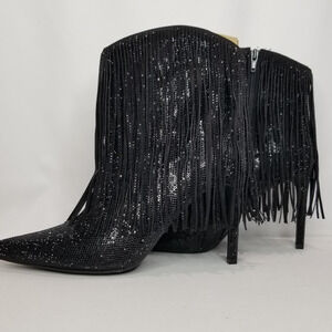 International Concepts Rhinestone Fringed Heeled Booties Size 7.5  Black NWT